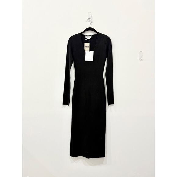 NWT Victoria Beckham Long Sleeve V-Neck Bodycon Midi Dress Black Womens Size 6 - Picture 1 of 6